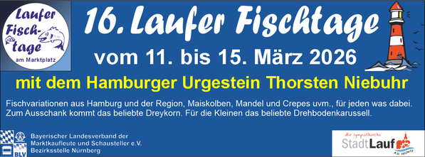 16. Laufer Fischmarkt vom 11. bis 15. März 2026 Wir sinnd dabei - Schausteller-Wild.de mit Drehbodenkarussell